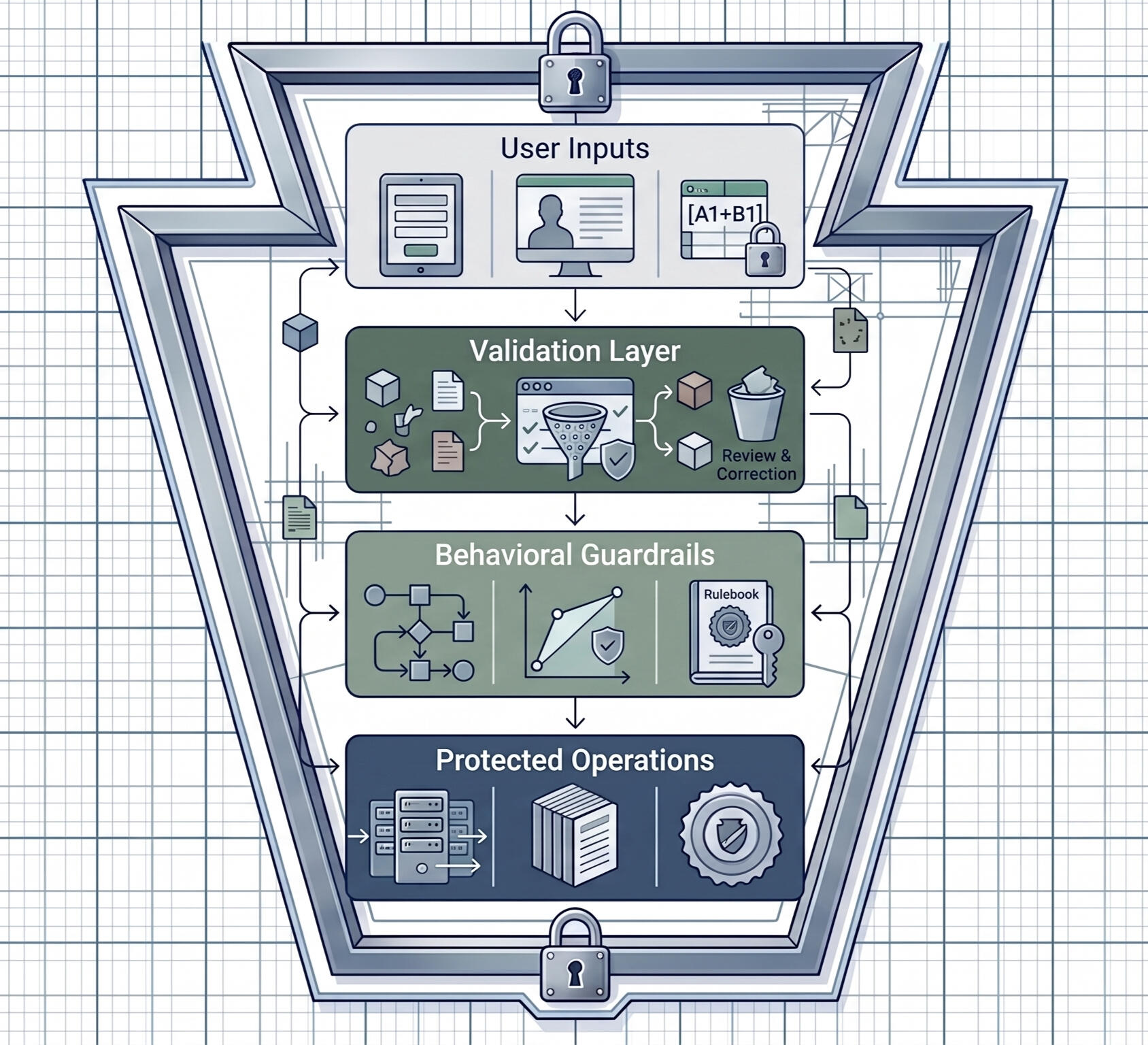 **User Input** ↓ **Validation Layer** ↓ **Guardrails** ↓ **Protected System**